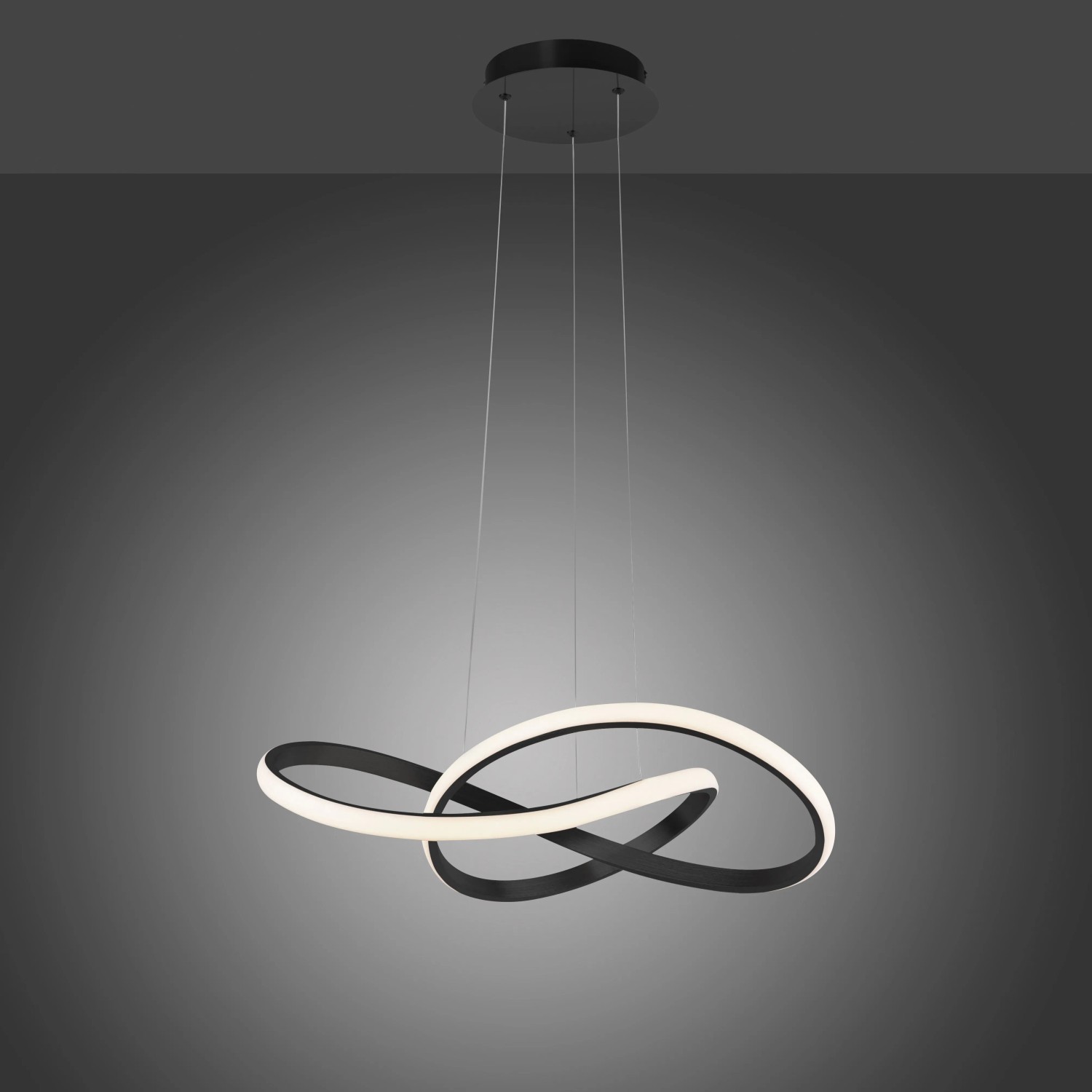 Moderne, schwarze LED-Pendelleuchte Maria mit geschwungenem Design für Wohnräume.