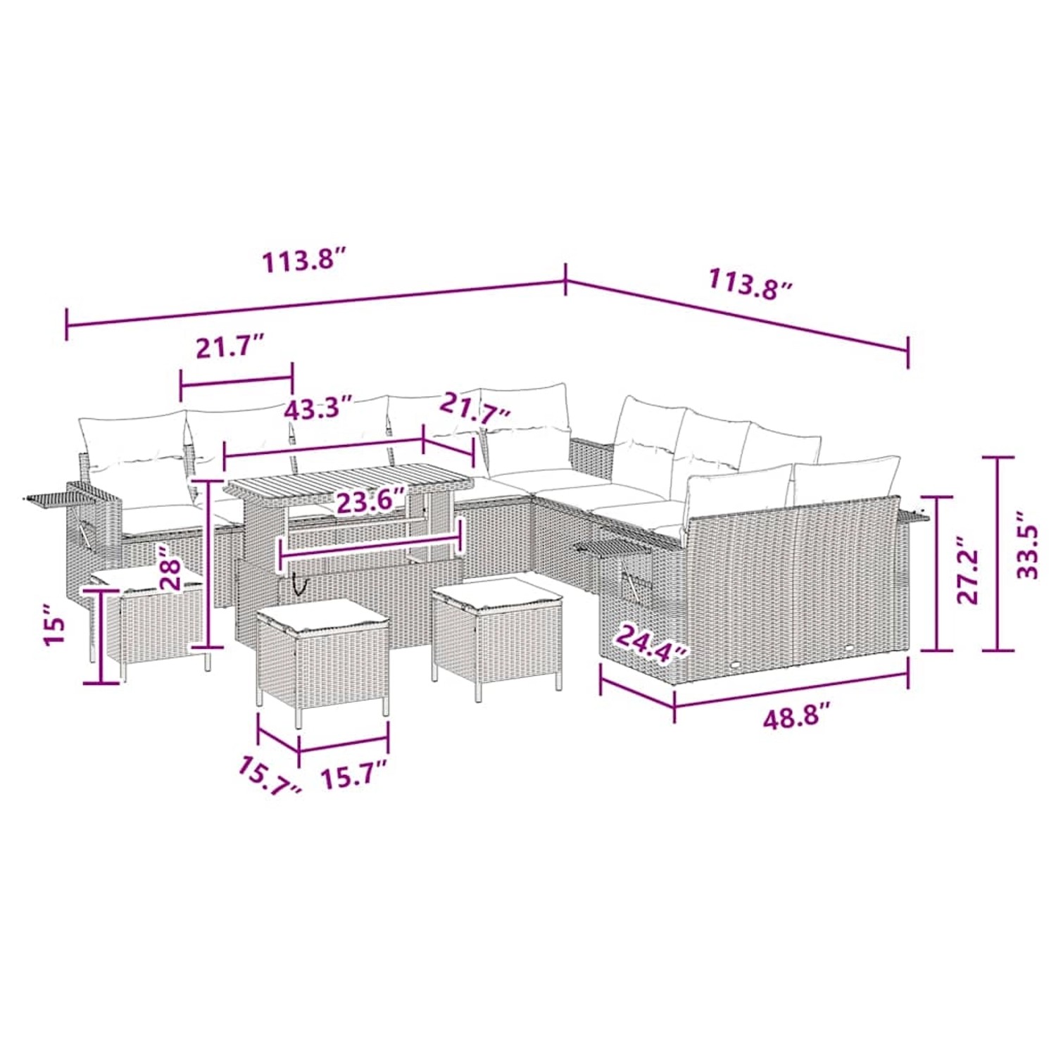 vidaXL Garten-Sofa-Set, 14-teilig, schwarz, Poly Rattan. Gartenmöbel mit Tisch, Sesseln und Hockern. Abmessungen sind eingezeichnet.