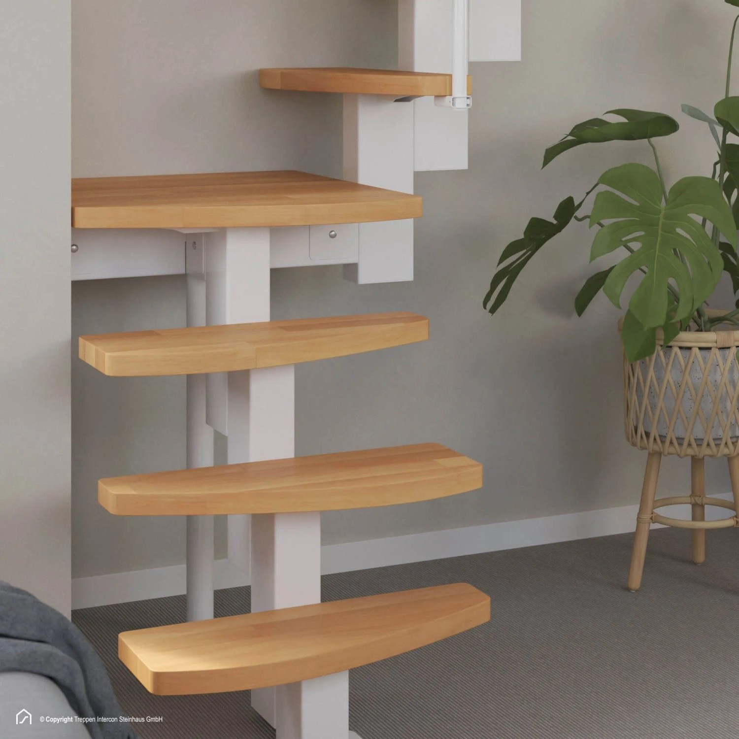 Intercon Raumspartreppe Quadro, 12 Stufen aus Buche Natur, Metall weiß, einseitiges Geländer.