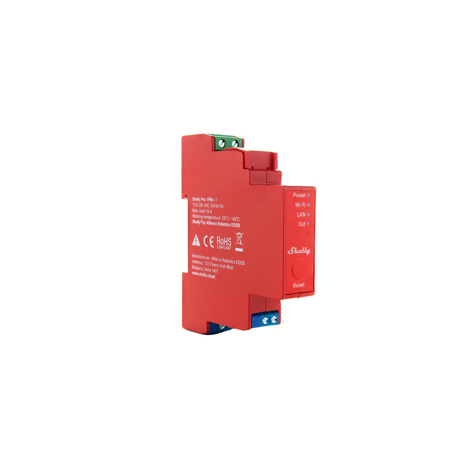 Rotes Shelly Pro 1PM Relaismodul zur Hausautomation mit LAN, WLAN und Bluetooth.