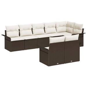 Braunes vidaXL Garten-Sofa-Set aus Rattan mit Kissen, 8-teilig. Gartenmöbel für 6 Personen.