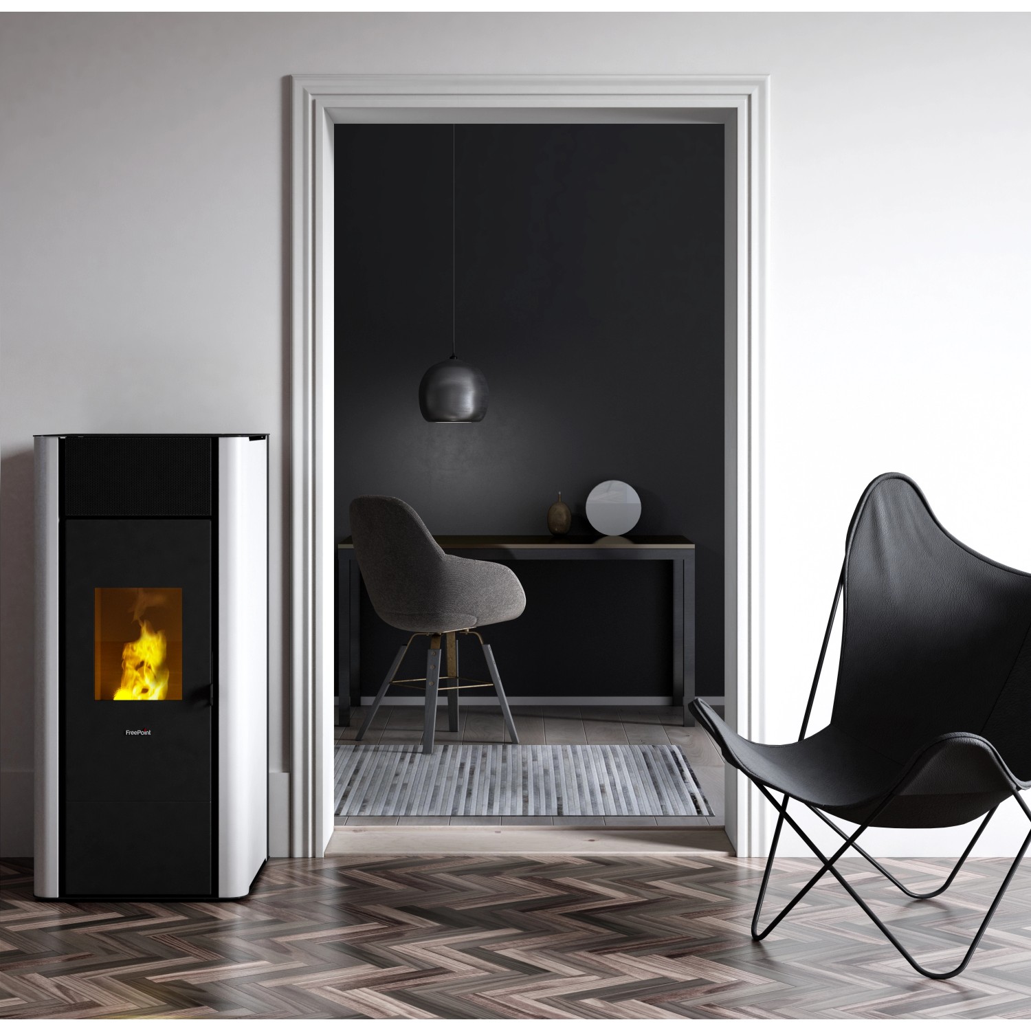 Freepoint Pelletofen Tesis, Stahl weiß, 22,8 kW, wasserführend im modernen Wohnraum.