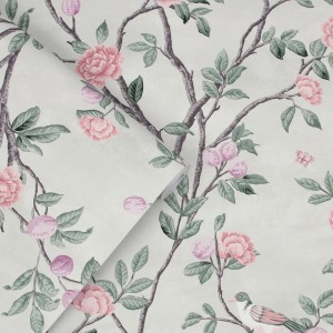 Laura Ashley Vliestapete Eglantine Eau de Nil mit Blumenmuster und Vogel.
