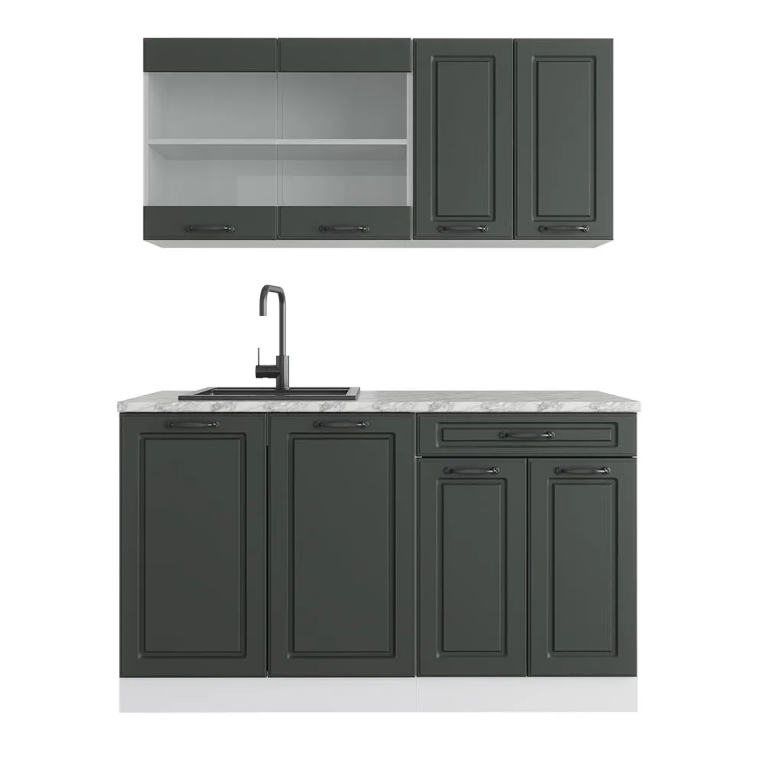 Vicco R-Line Singleküche Anthrazit Landhaus Weiß 140 cm AP Marmor ohne E-Geräte