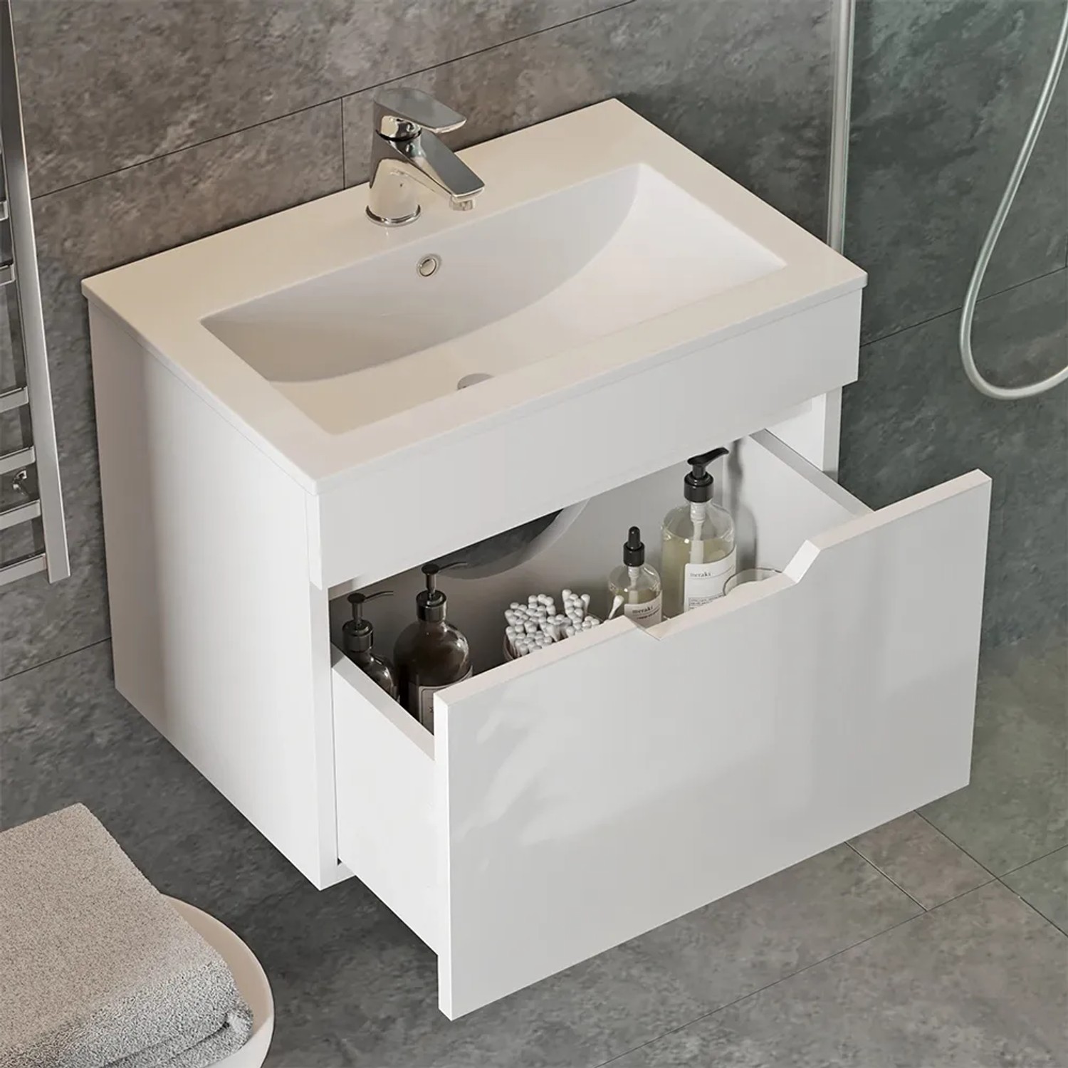 Vicco Badmöbel-Set Stefanie, weiß hochglanz, mit Unterschrank (60 cm) und Waschbecken.