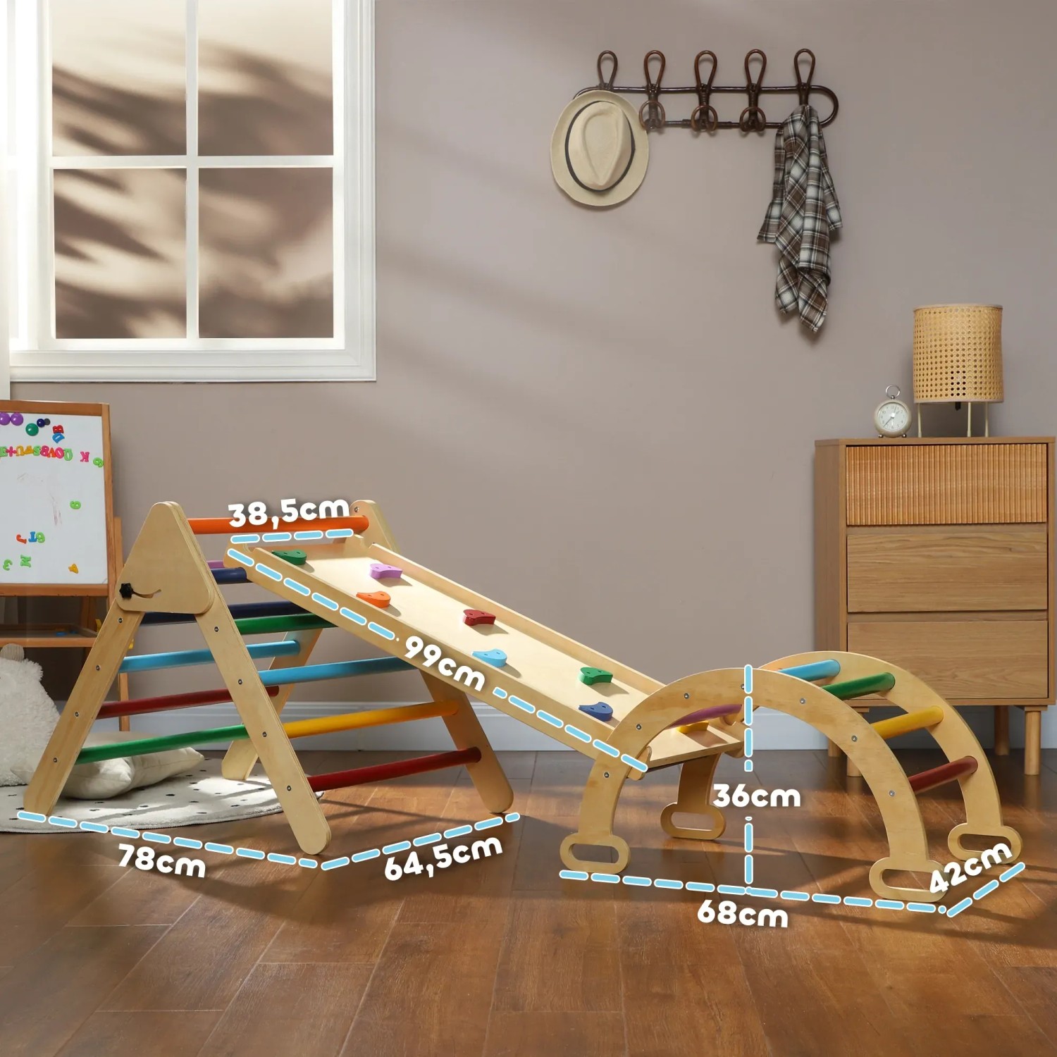 AIYAPLAY 5-in-1 Klettergerüst Set mit Rutsche und Kletterdreieck für Kinder im Innenbereich.