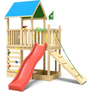 Jungle Gym Spielturm Wonder mit roter Rutsche, Kletterrampe und blauem Dach.