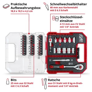 Einhell Ratschen- und Bit-Set, 37-teilig im L-Case. Schraubendreher-Set mit Bits, Stecknüssen und Knarre.