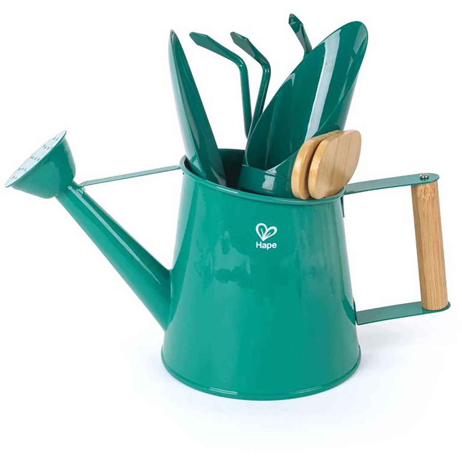 Hape Gartenwerkzeug-Set, 6-teilig, mit Gießkanne, Schaufel, Rechen und Pflanzenschildern.