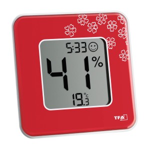 Rotes TFA Digitales Thermo-Hygrometer Style mit Anzeige von Temperatur und Luftfeuchtigkeit.