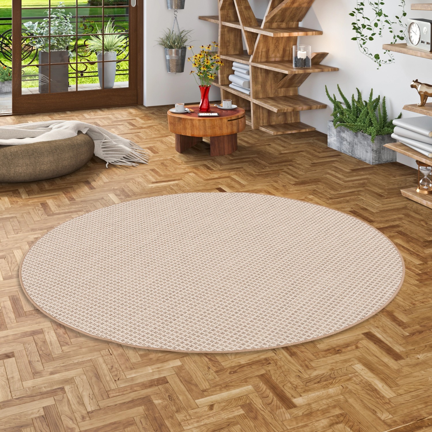 Runder, beige-cremefarbener Snapstyle In & Outdoor Teppich Oslo mit Karomuster, Durchmesser 100cm.
