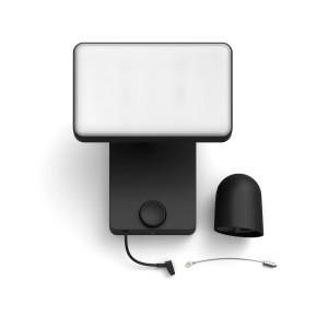 Schwarze Philips Hue Flutlichtkamera Secure mit Zubehör für die Kameraüberwachung.
