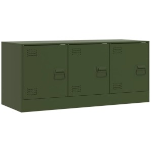 Olivgrüner TV-Schrank aus Stahl mit drei Fächern und Griffen.