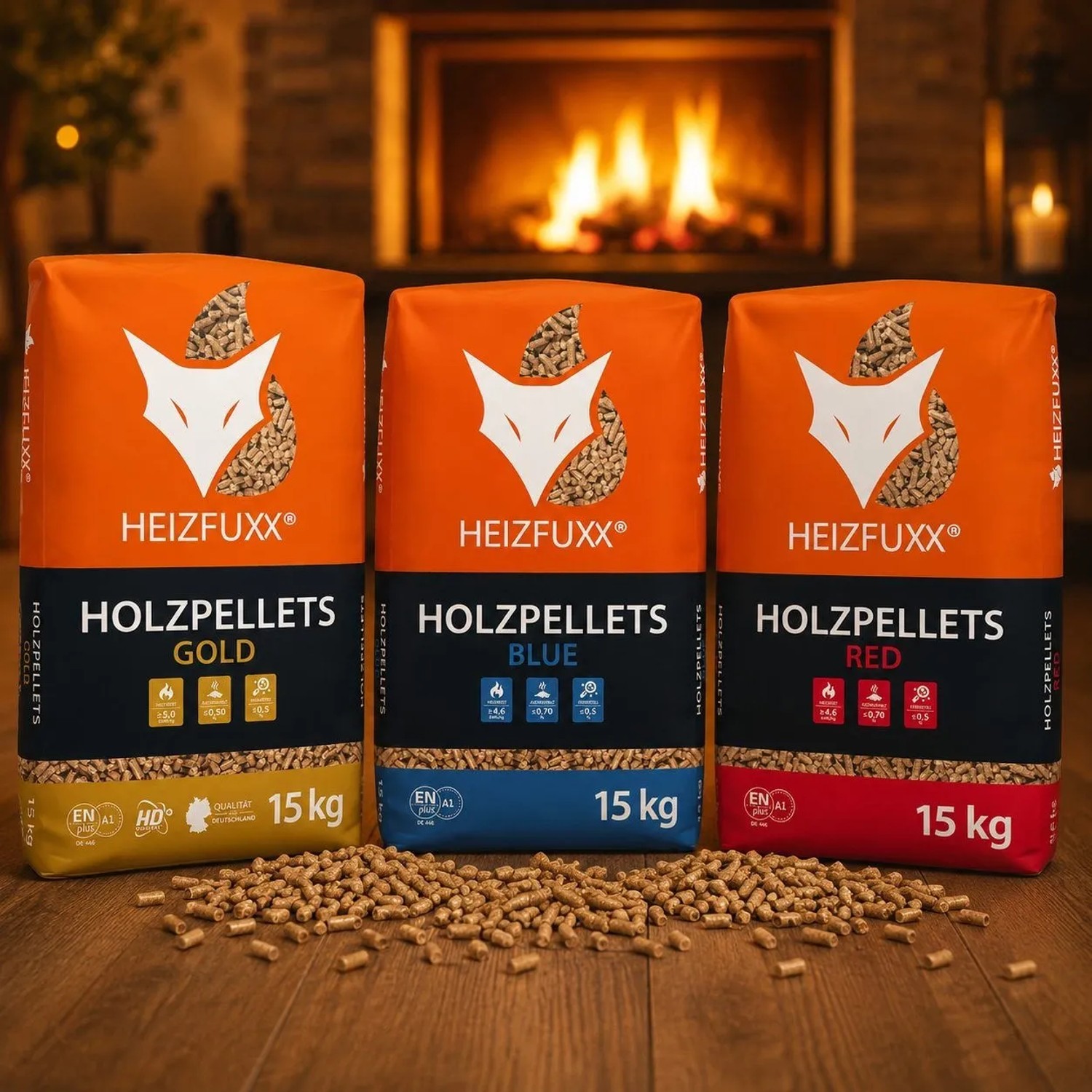 Heizfuxx Blue ENplus A1 Holzpellets im 15kg Sack, umgeben von Pellets und anderen Sorten vor einem Kamin.