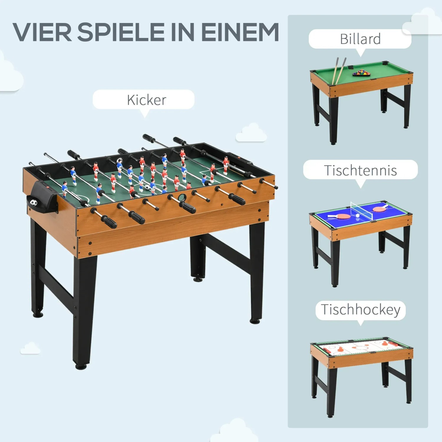 Multigame Spieltisch mit Kicker, Billard, Tischtennis und Tischhockey für Spiel und Spaß.