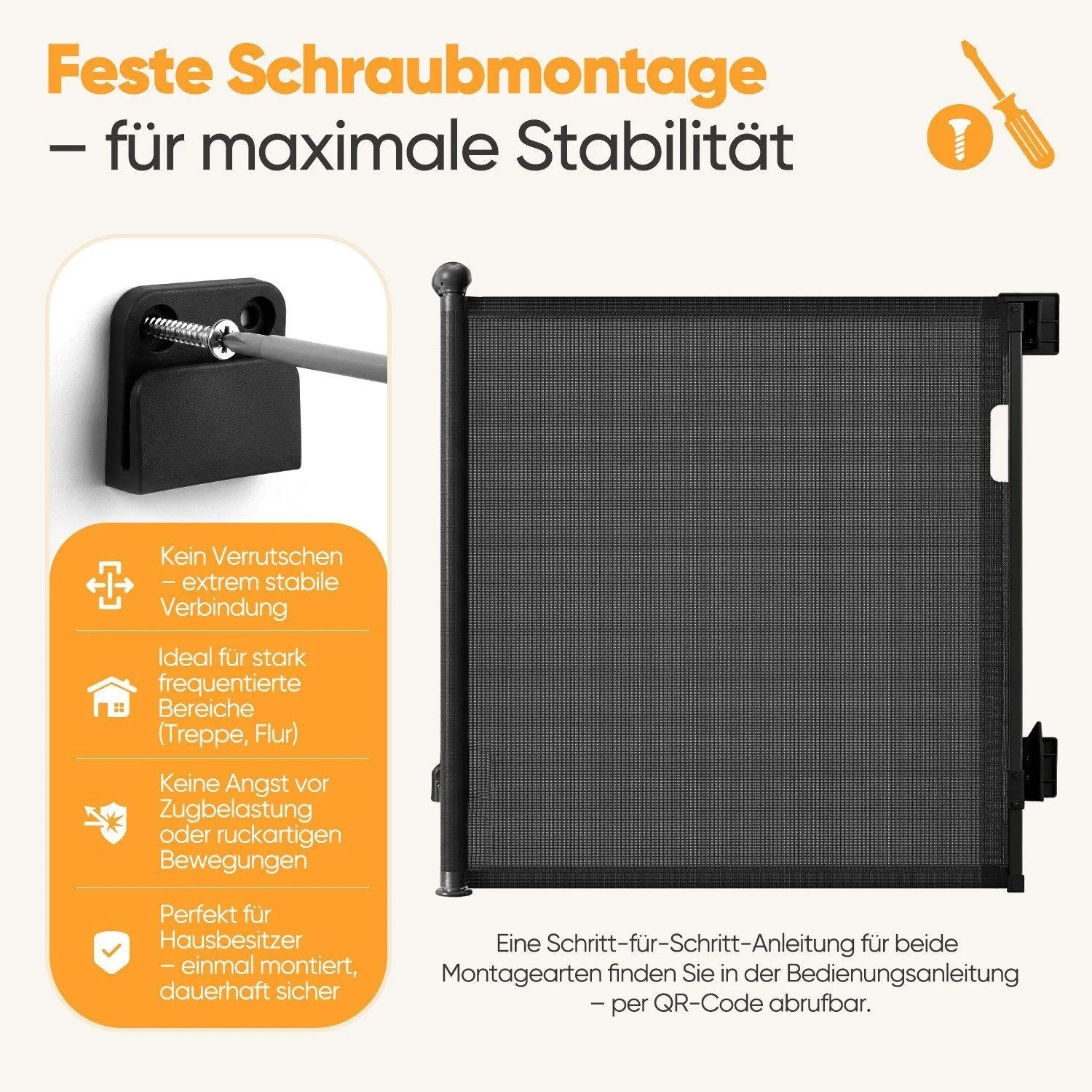 Schwarzes ausziehbares Treppenschutzgitter mit fester Schraubmontage. Bietet Stabilität für Kinder & Hunde.