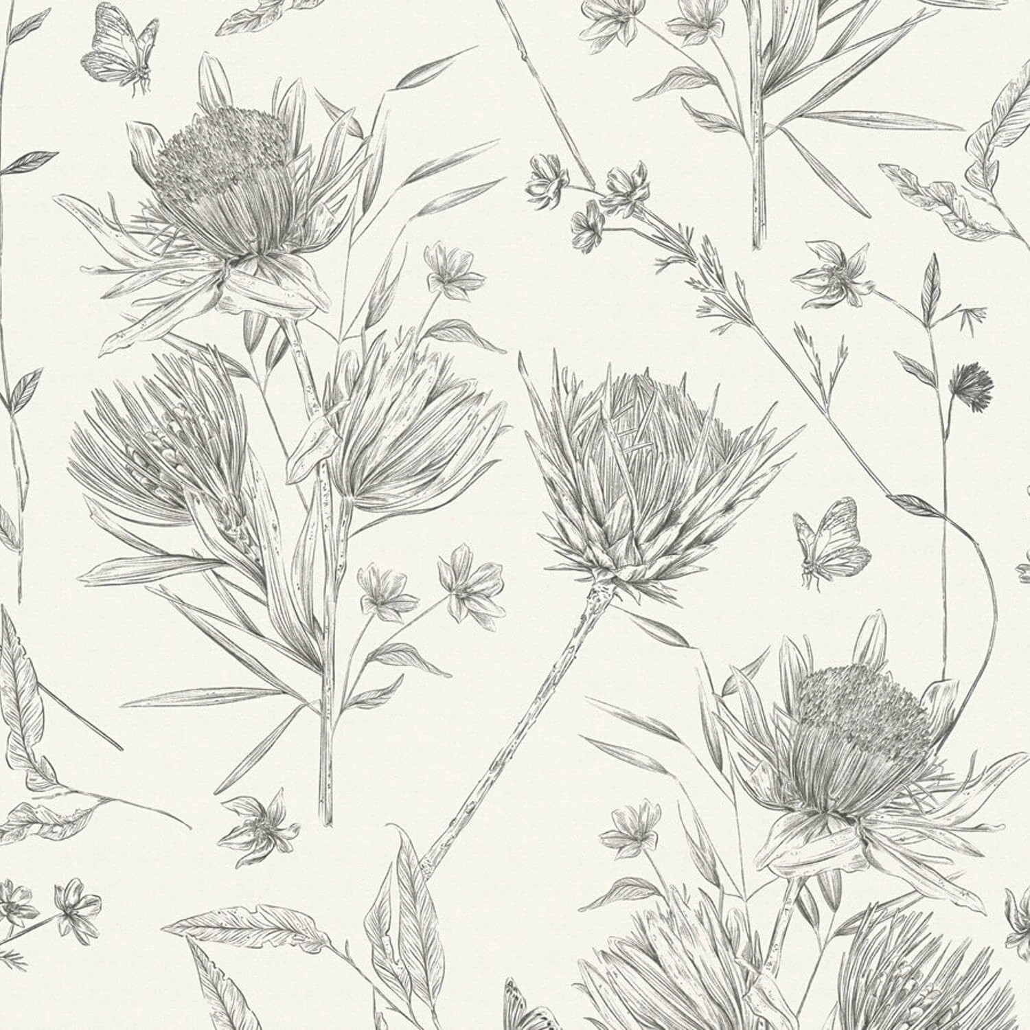 PROFHOME 394272-GU Blumen Tapete Floral Matt Weiß Schwarz 0,53 m x 10,05 m günstig online kaufen