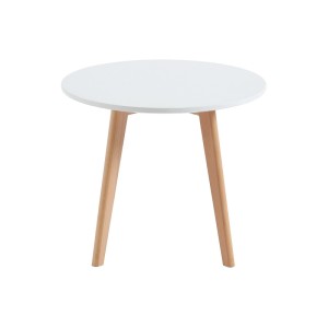 Runder weißer Esstisch Louloune mit drei hellen Holzbeinen, 60 cm, im skandinavischen Stil.