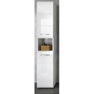 Inn.Furn Bad-Hochschrank Livia, weiß hochglänzend, 30x185 cm, mit Türen, Fächern und silberfarbenen Griffleisten.