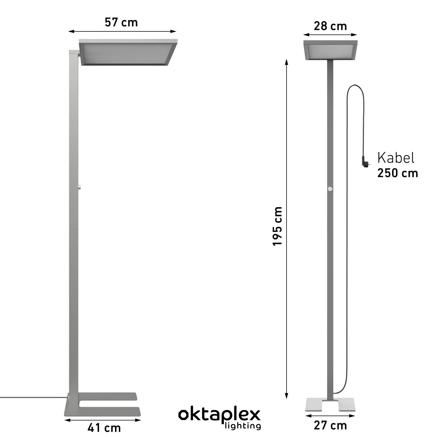 Oktaplex Malmö LED Stehlampe, dimmbar, silber, mit Maßangaben. Ideal als Büroleuchte.