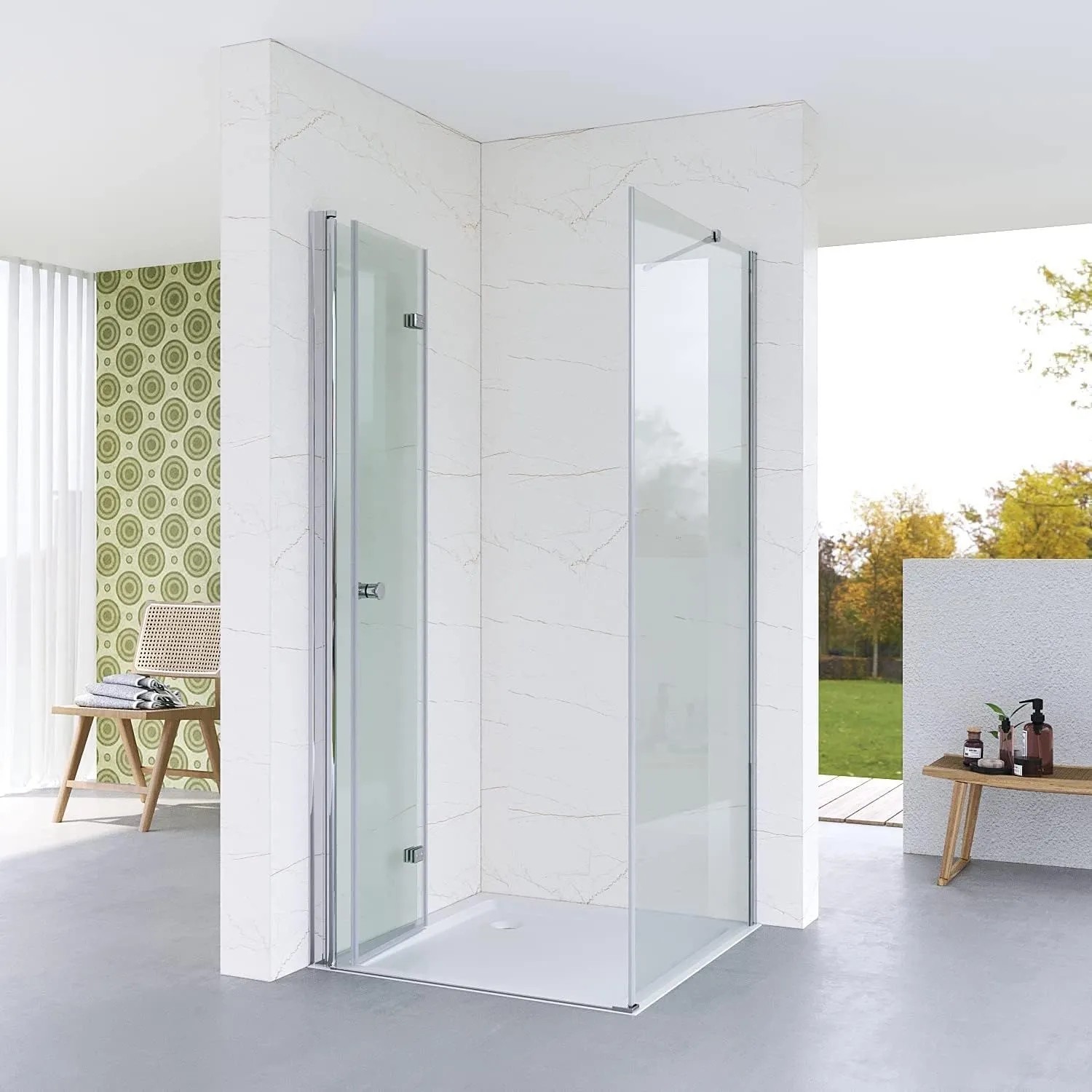 Aquabatos Eckdusche mit rahmenloser Falttür, Seitenwand aus ESG Sicherheitsglas, Chromprofile, 80x80 cm, moderner Eckeinstieg.
