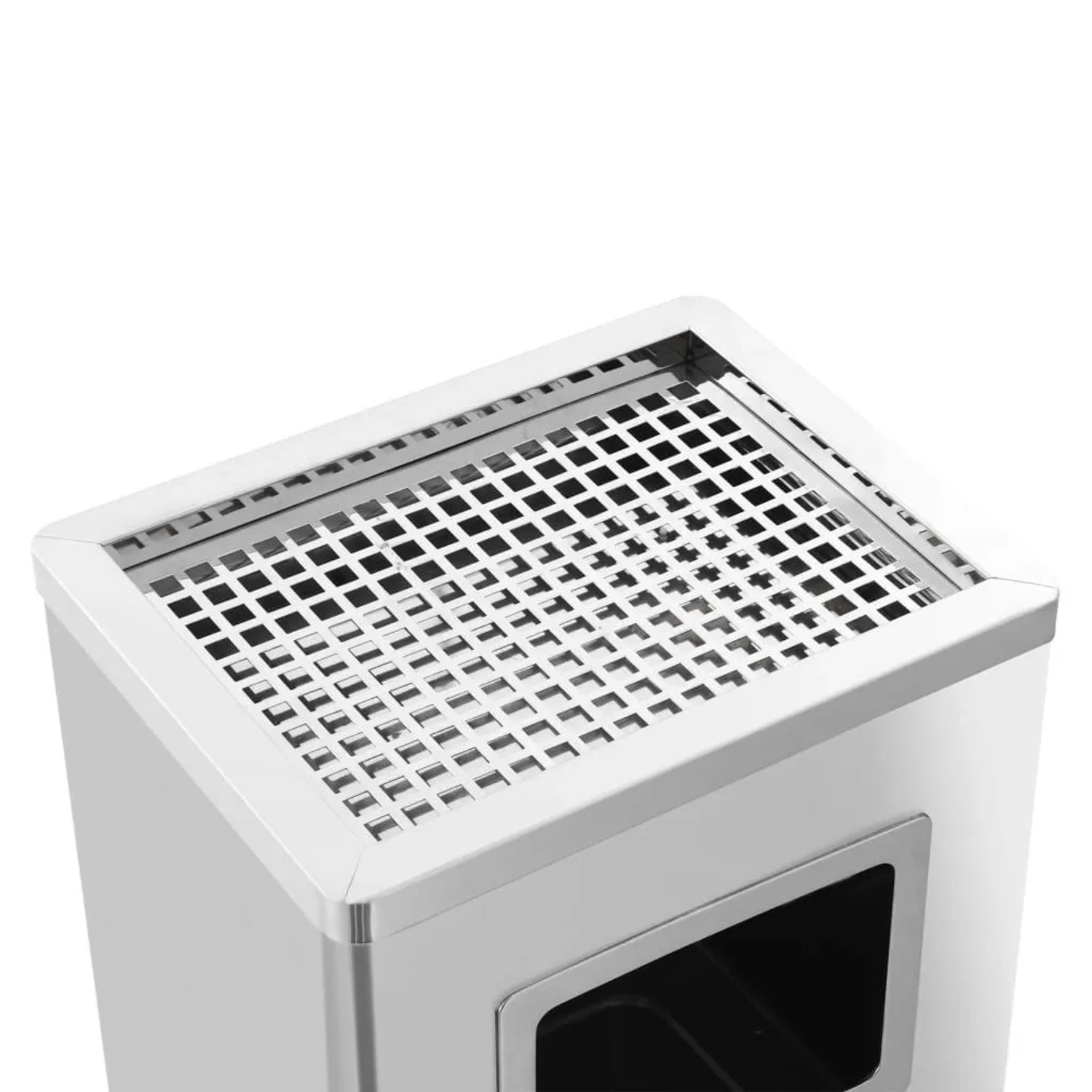 Silberner Edelstahl Standaschenbecher 45L mit Mülleimer. Detail des perforierten Aschenbechers für den Außenbereich.