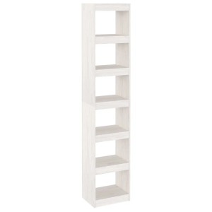 Weißes Bücherregal aus massivem Kiefernholz mit 6 offenen Fächern, schmal und hoch, ideal als Raumteiler.