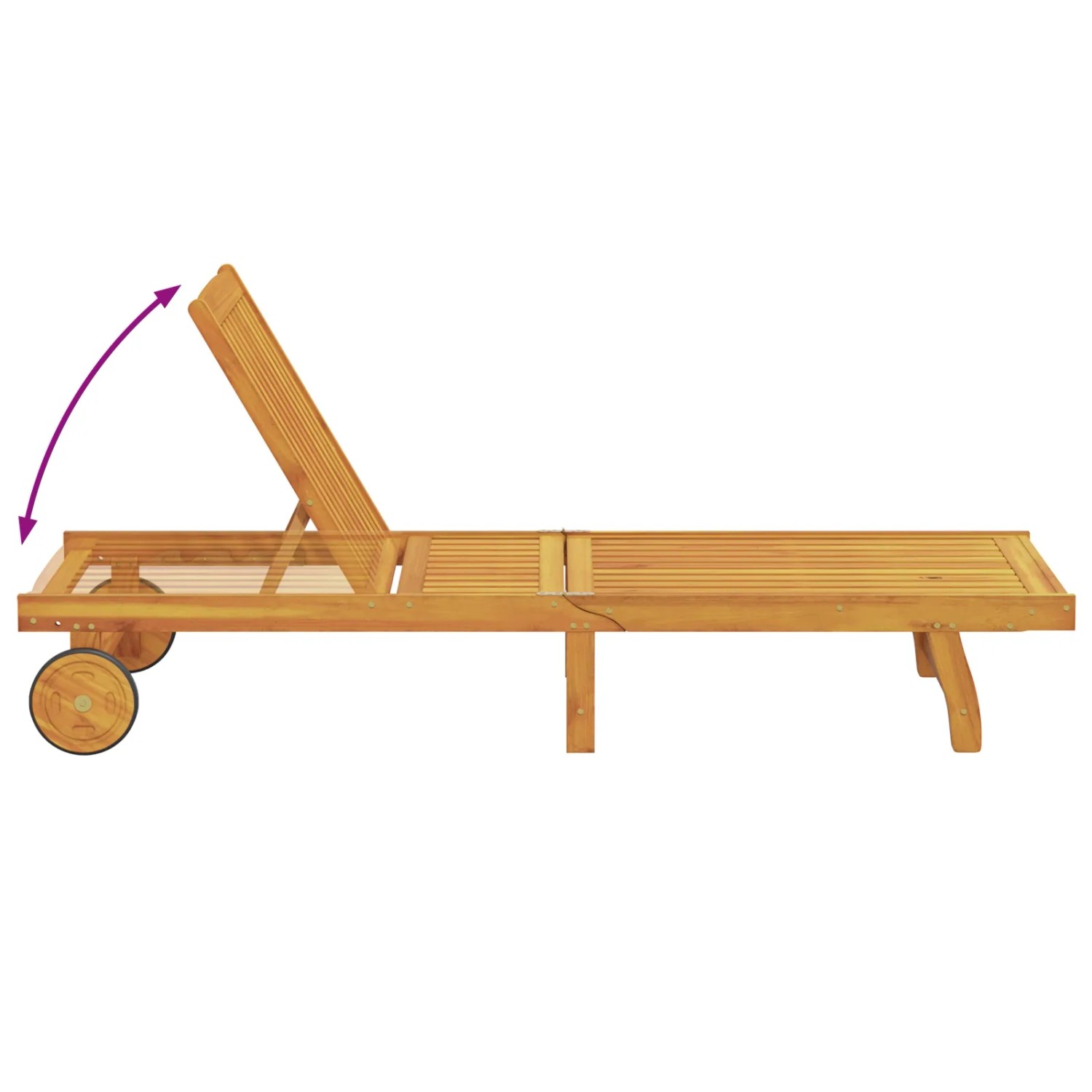 Zwei braune vidaXL Sonnenliegen aus Akazienholz mit Rädern und verstellbarer Rückenlehne.