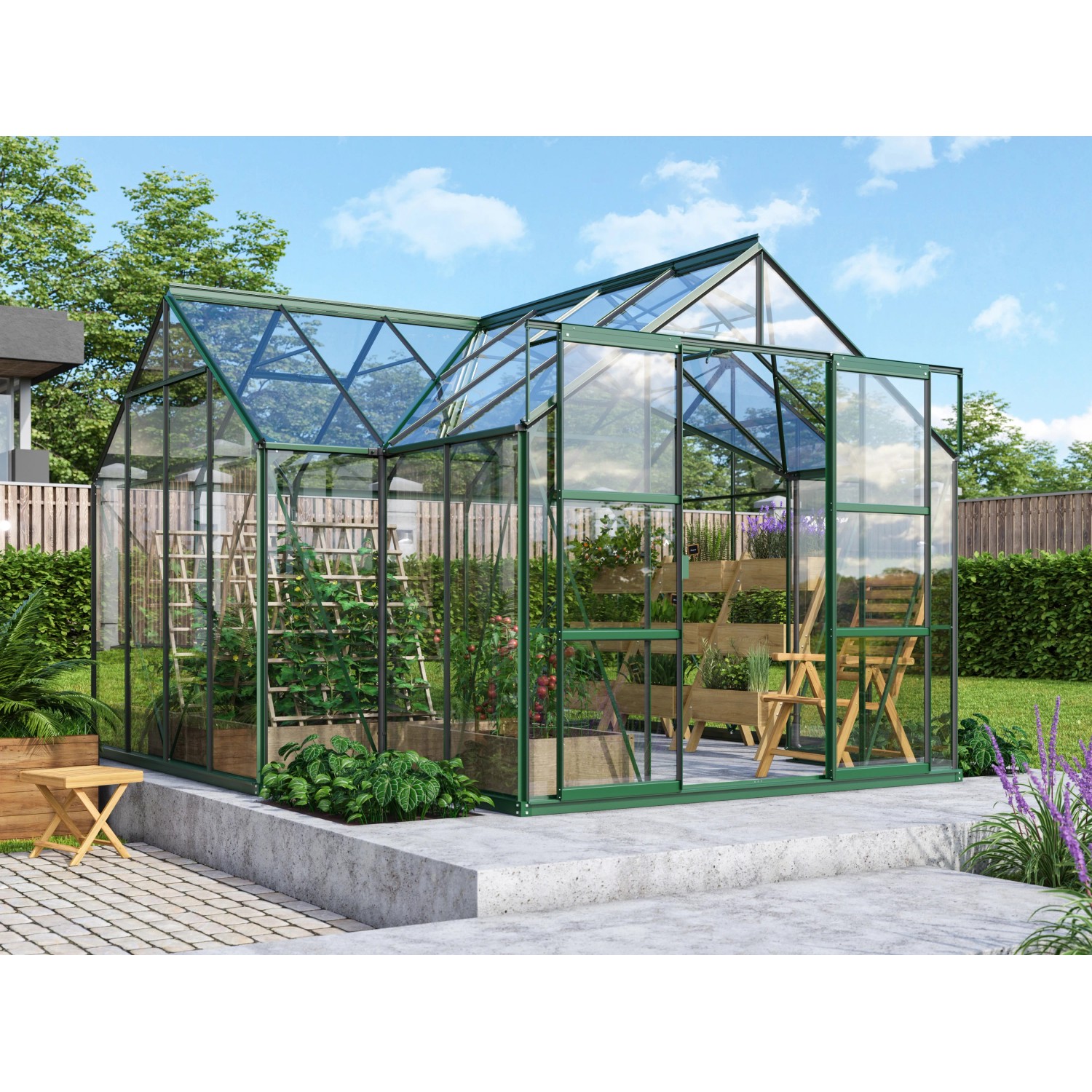 Vitavia Gewächshaus Sirius Smaragd 13 m² mit Fundament, bepflanzt. Ideal für den Garten.