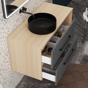 AICA Waschtisch mit Unterschrank 100 cm Kross Badmöbel Set Aufsatzbecken mit Unterschrank Grau Eiche Matt Softclose Schubladen mit Staufach