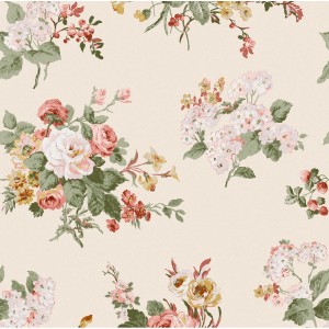 Laura Ashley Vliestapete Rosemore Pale Sable mit Rosen, Erdbeeren und floralem Muster.