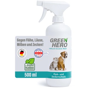 GreenHero Floh- und Zeckenspray für Hunde und Katzen, 500ml Flasche.