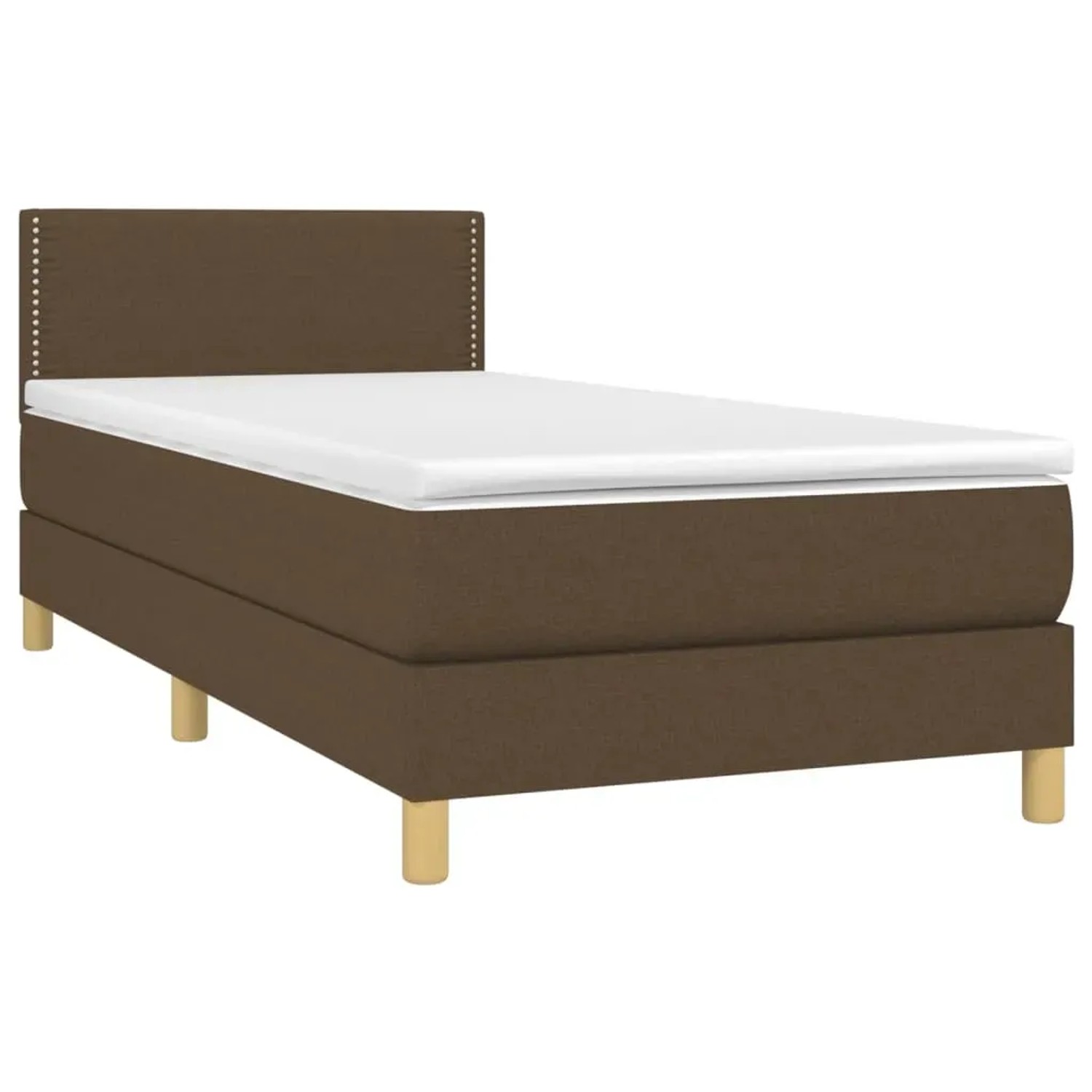 Dunkelbraunes Boxspringbett 90x190 cm mit Matratze und Kopfteil.