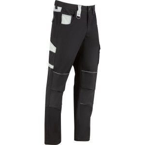 Schwarze Arbeits-Hose mit grauen Kontrasten, vielen Taschen, Knietaschen und reflektierenden Details. Robuste Bau-Arbeitsbekleidung.