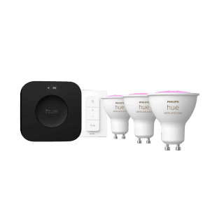 Philips Hue Starter Kit: Bridge Pro, 3 GU10 LED-Lampen & Dimmer für smarte Beleuchtung.