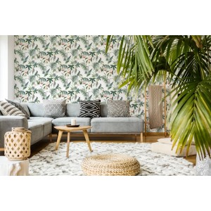 Wohnzimmer mit weißer Vliestapete Adilah von Superfresco Easy mit Vogel- und Pflanzenmuster.