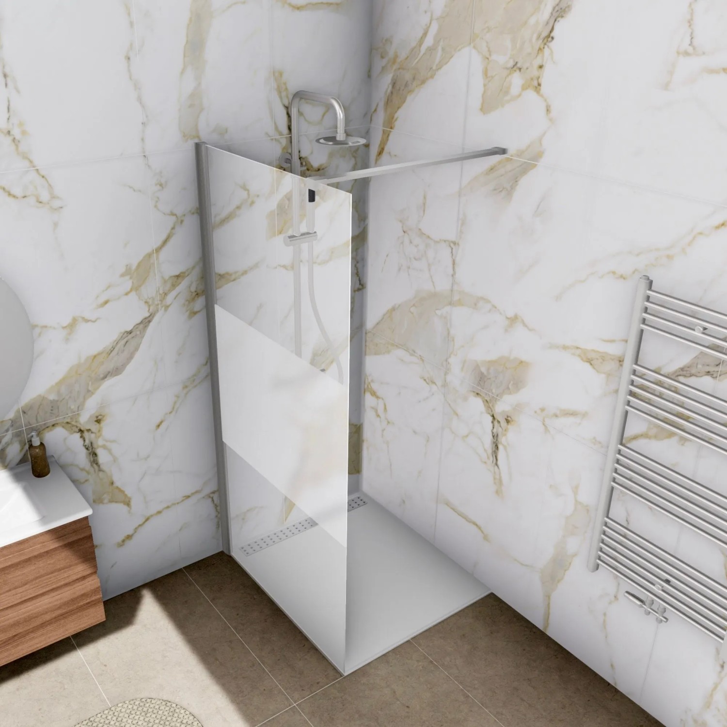 Aloni Walk In Dusche Begehbare Duschwand Glas Duschabtrennung Duschtrennwand Glastrennwand Glaswand mit NANO-Beschichtung Halbmatt Mittelteil 140cm_3