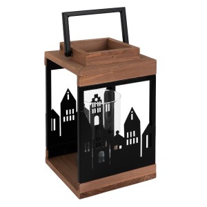 Holzlaterne 22cm mit Stadt Muster, Kerzenhalter mit Henkel für Garten und Wohnraum.