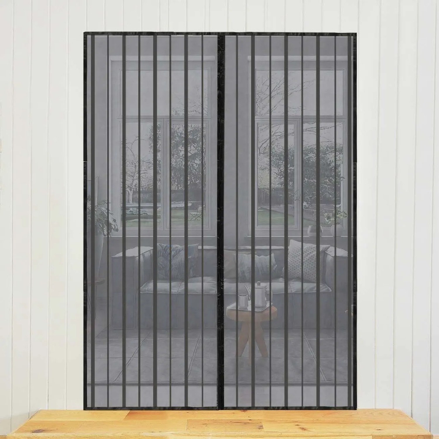 Schwarzes magnetisches Fliegengitter für Balkontür, 115x220cm, schützt vor Insekten. Einfache Montage ohne Bohren.