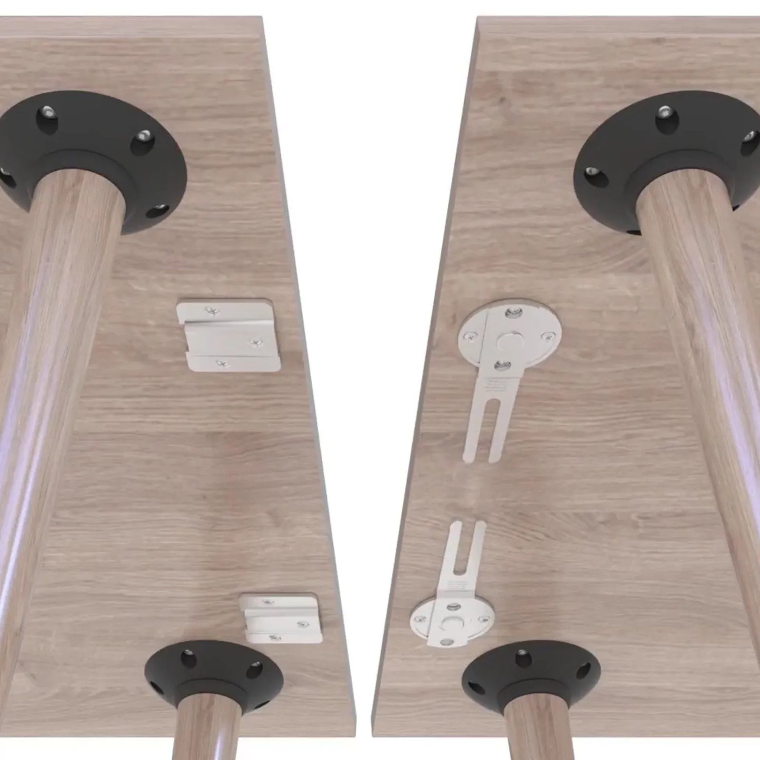 SOTECH CLICK CATCH Tischverbinder aus verzinktem Stahl unter zwei hellen Tischplatten, bereit zur Montage.