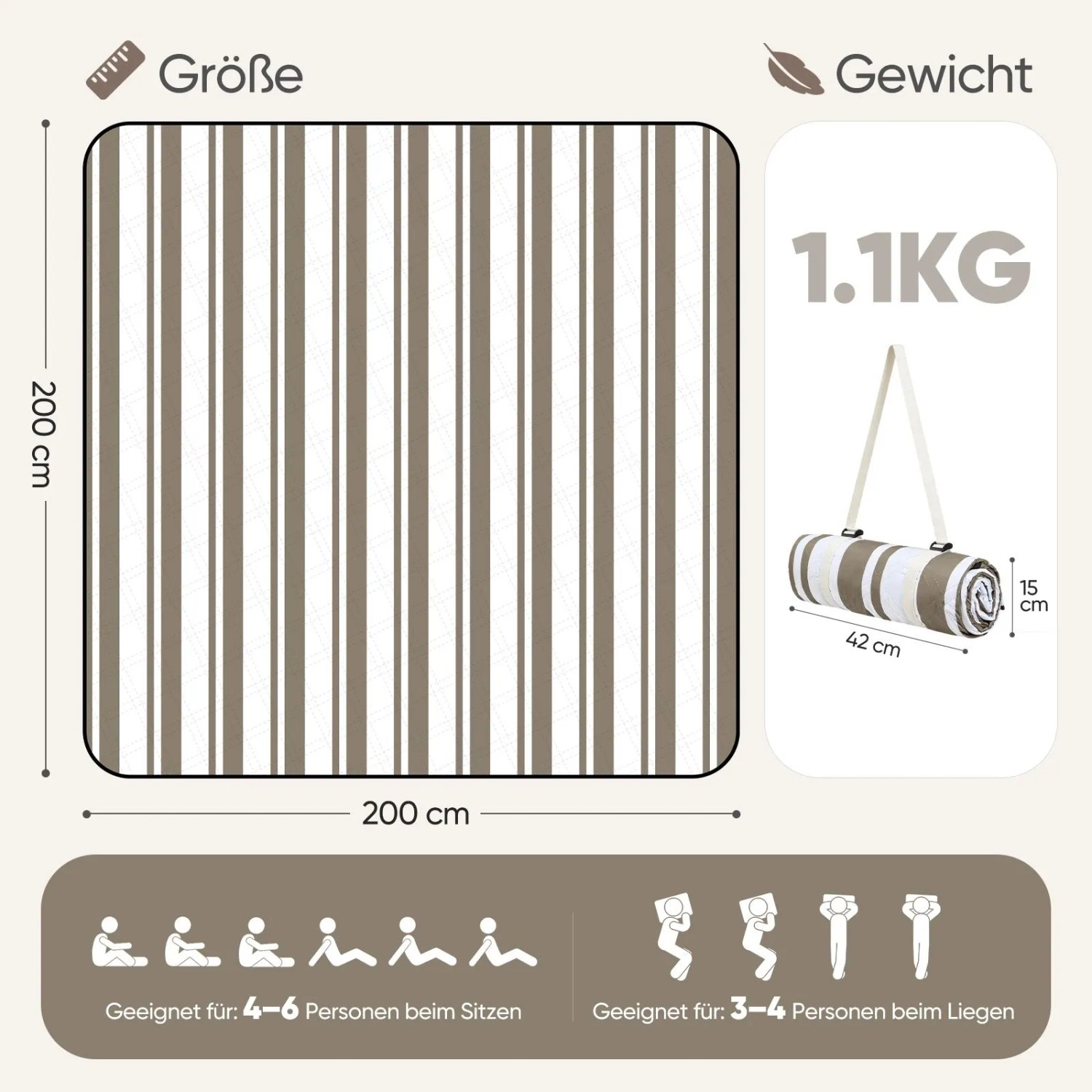 Sekey Picknickdecke 200x200 cm, braun gestreift, wasserdicht, ideal für Camping und Strand.
