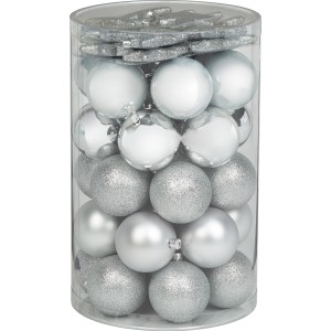 50-teiliges Weihnachtskugel-Set in Silber mit Kugeln und Sternen in verschiedenen Oberflächen.