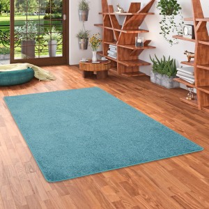 Petrolfarbener Snapstyle Hochflor Teppich Cottage, 200x300cm, auf Holzboden.