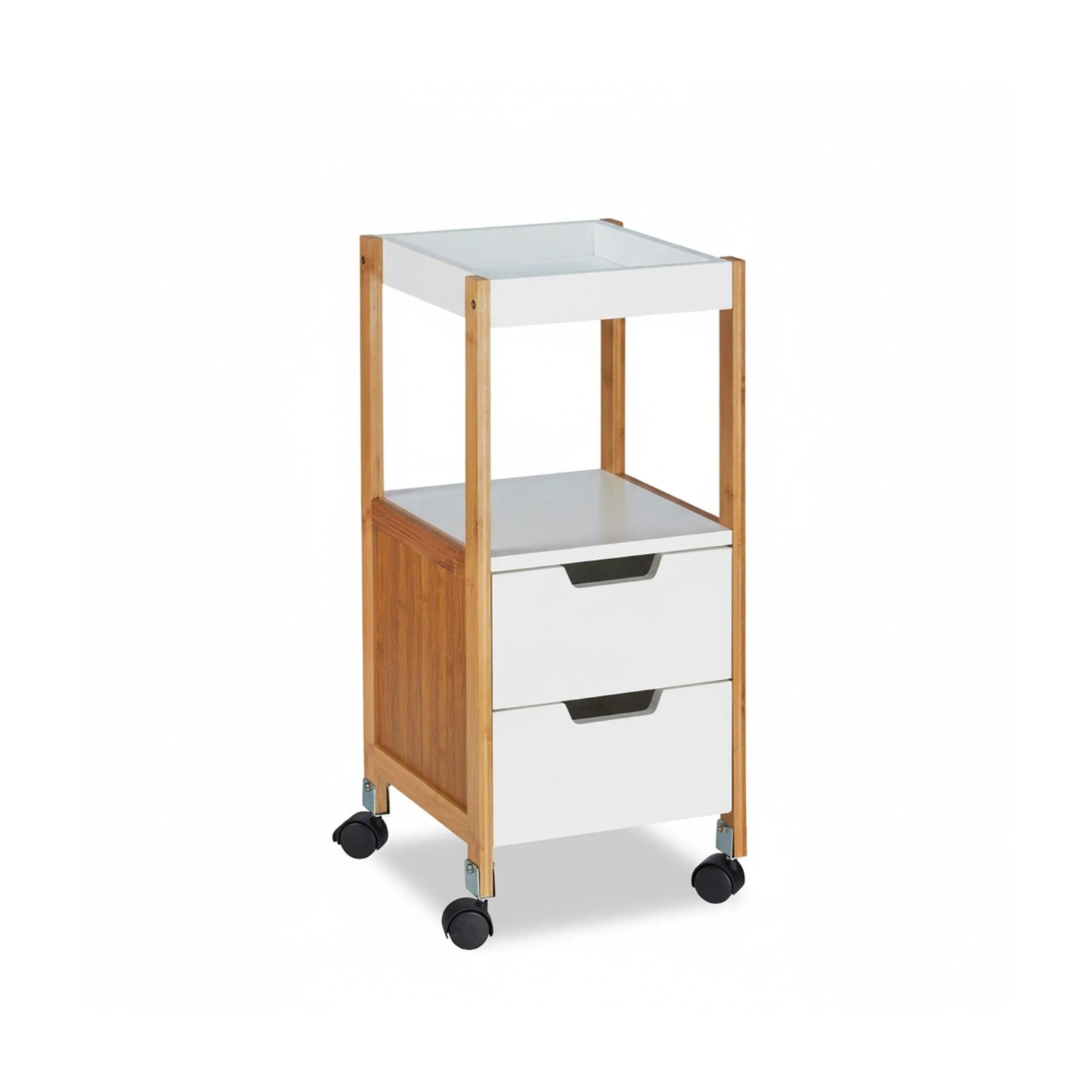 Relaxdays Rollwagen Bambus MDF Weiß Natur mit Schubladen 69 cm x 30 cm x 30 cm 6,5 kg