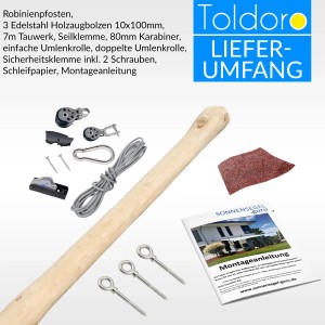 Toldoro Sonnensegelmast 3m aus Robinienholz mit Befestigungsset und Montageanleitung.
