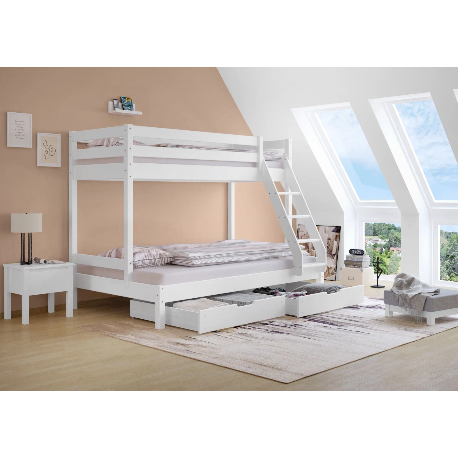 Erst-Holz Doppel Stockbett 80 x 200 cm / 120 x 200 cm für Erwachsene Weiß Modell 18 Rollrost und Doppelbettkasten inkl.