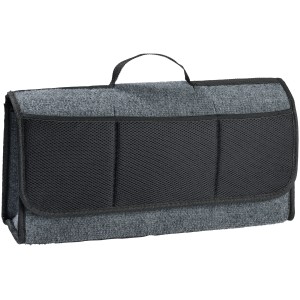 Große, graue OBI Werkzeugtasche mit Tragegriff und Netzfächern für Kofferraum.