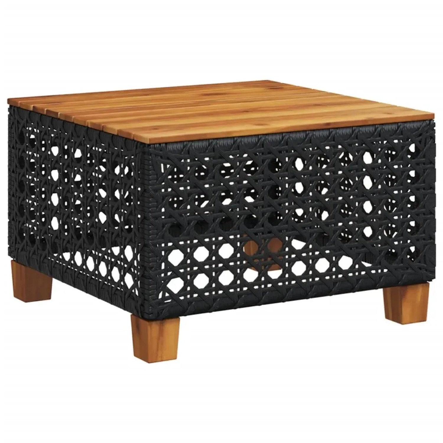 vidaXL Gartentisch: Schwarzes Poly Rattan mit Akazienholzplatte, Teil der 5-tlg. Sofagarnitur.