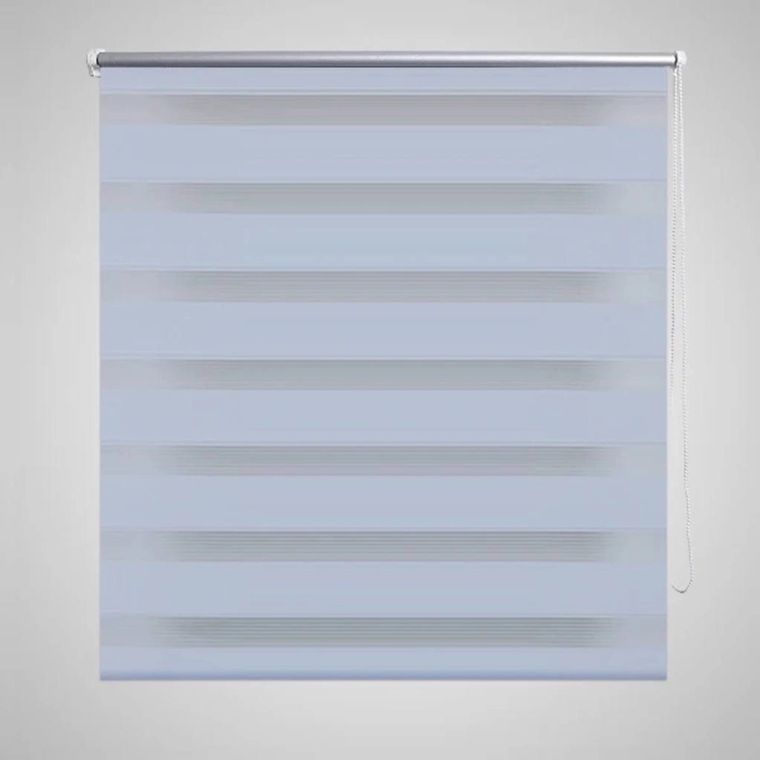 Weißes Doppelrollo 40x100 cm mit Seitenzug für Fenster, abwechselnd transparente und blickdichte Streifen.