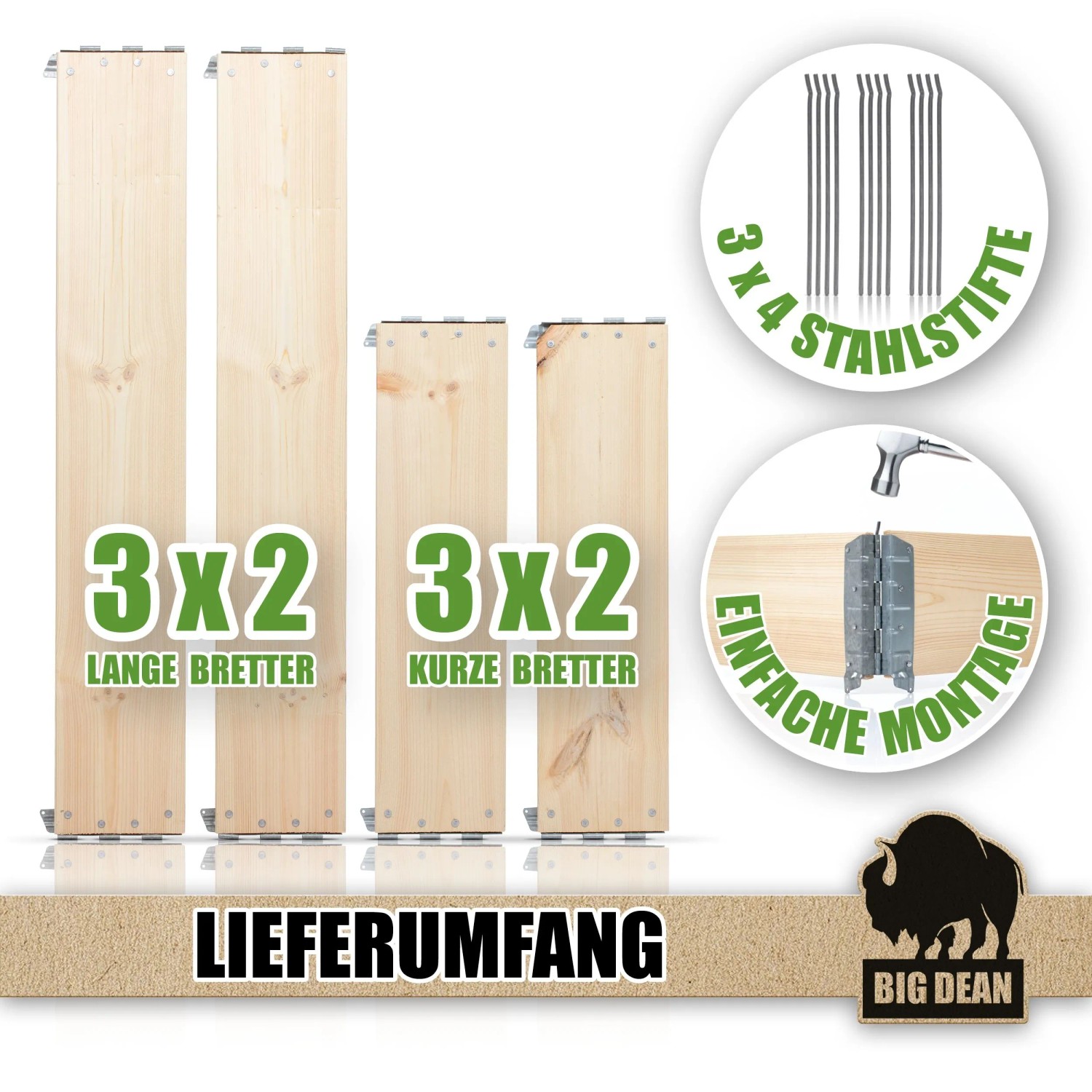 BigDean Hochbeet-Set: Holz-Beet mit Palettenrahmen, 120x80cm, bestehend aus langen und kurzen Brettern, Stiften und Montage-Elementen.